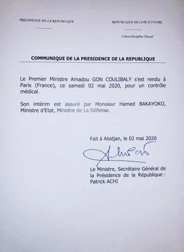 Le PM Ivoirien Gon Coulibaly évacué en France, Hamed Bakayoko assure l’intérim
