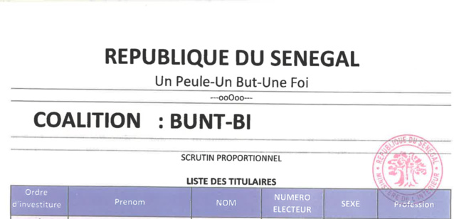 Législatives du 31 Juillet prochain - Les détails de la liste Bunt Bi