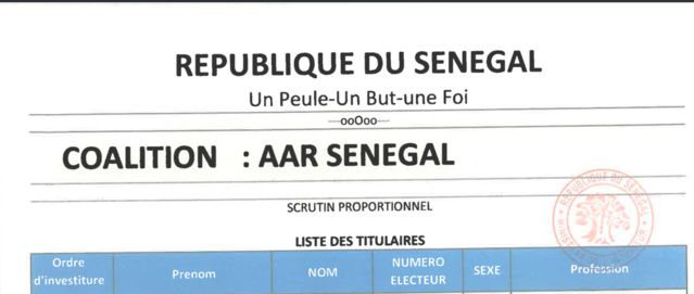 Voici la liste de la coalition AAR Sénégal !