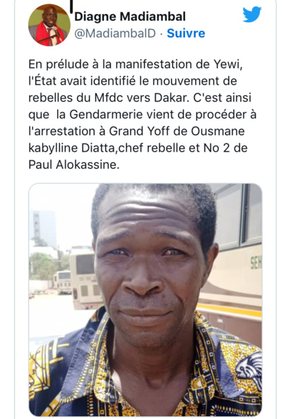 Ousmane Kabylline Diatta, chef rebelle et numéro 2 de Paul Alokassine, arrêté à Grand-Yoff