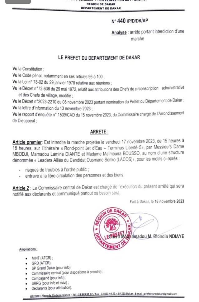   Le Préfet de Dakar interdit la marche de l’opposition prévue ce vendredi  (EXCLUSIVITÉ DAKARPOSTE)