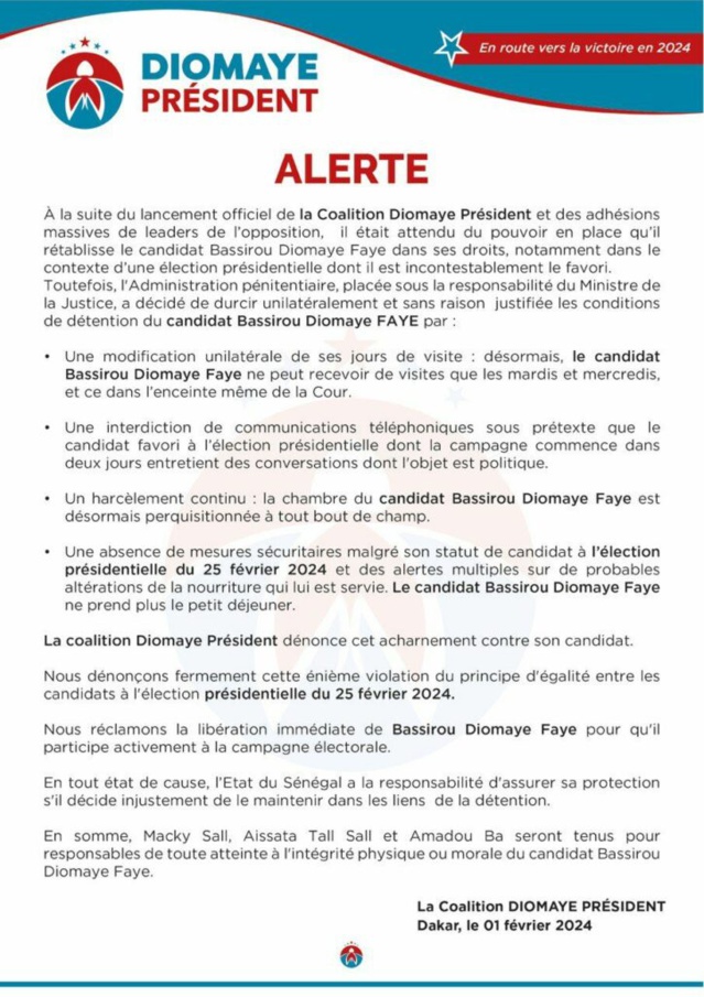 L’administration pénitentiaire corse les conditions de détention du candidat Bassirou Diomaye Faye . Sa coalition dénonce