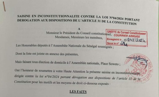 Report de la présidentielle : 39 députés de Yewwi Askan Wi saisissent le conseil constitutionnel (document)