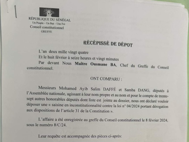 Report de la présidentielle : 39 députés de Yewwi Askan Wi saisissent le conseil constitutionnel (document)