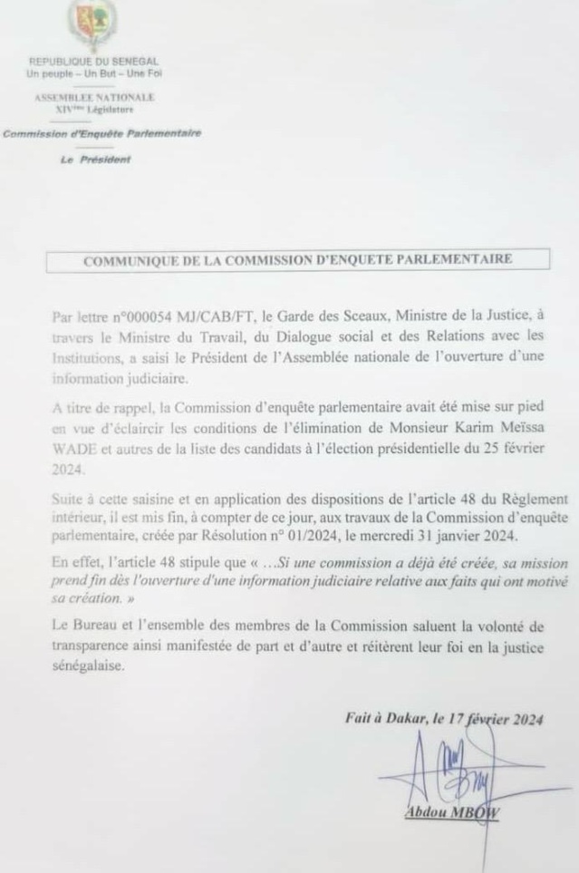 COMMUNIQUE DE LA COMMISSION D’ENQUETE PARLEMENTAIRE