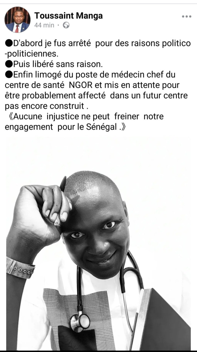 Centre de santé de Ngor : Toussaint Manga annonce son limogeage de son poste de médecin-chef