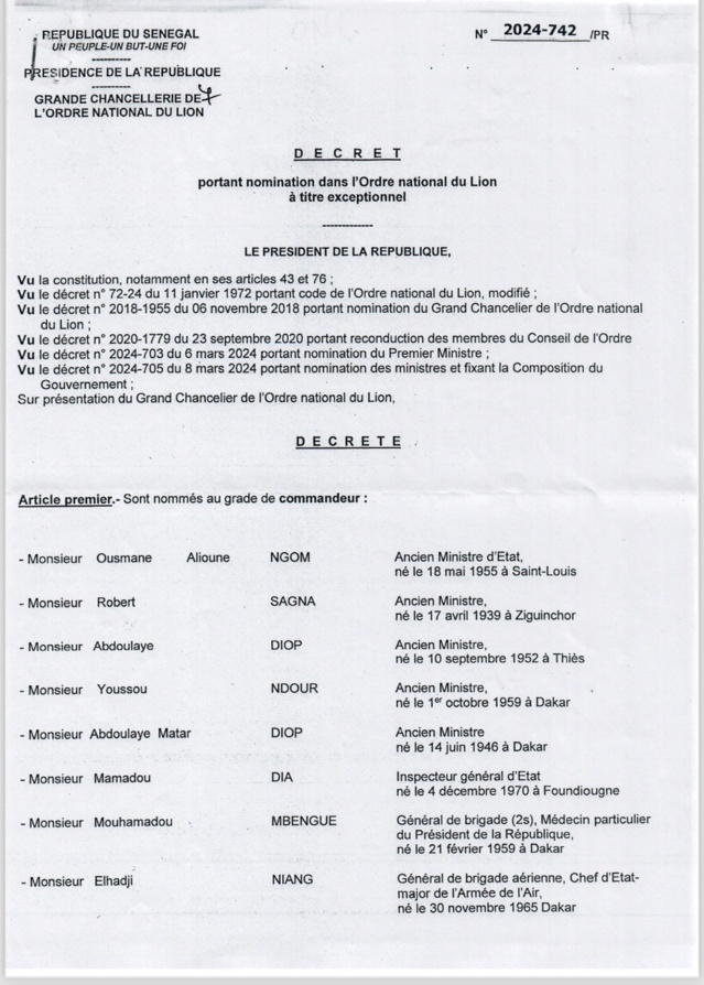 [Document] Macky Sall nomme anciens ministres, artistes, journalistes, religieux, sportifs… au grade de commandeur, officier et chevalier