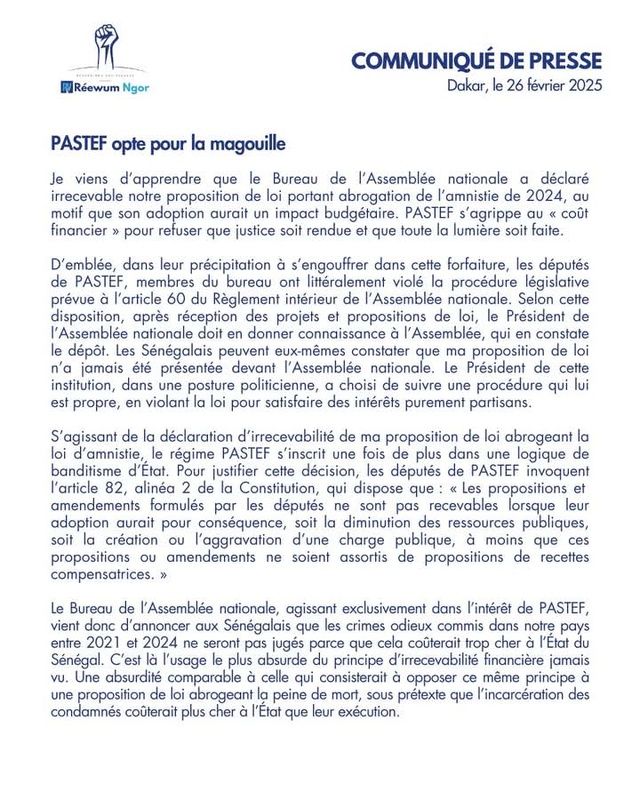 Thierno Alassane Sall : " Pastef vient de confirmer aux Sénégalais qu'il refuse catégoriquement l’abrogation totale de la loi d’amnistie... "