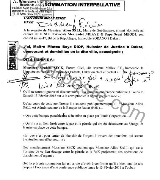 Birahim Seck veut-il se débiner suite à la sommation interpellative d'Aliou Sall? (documents)