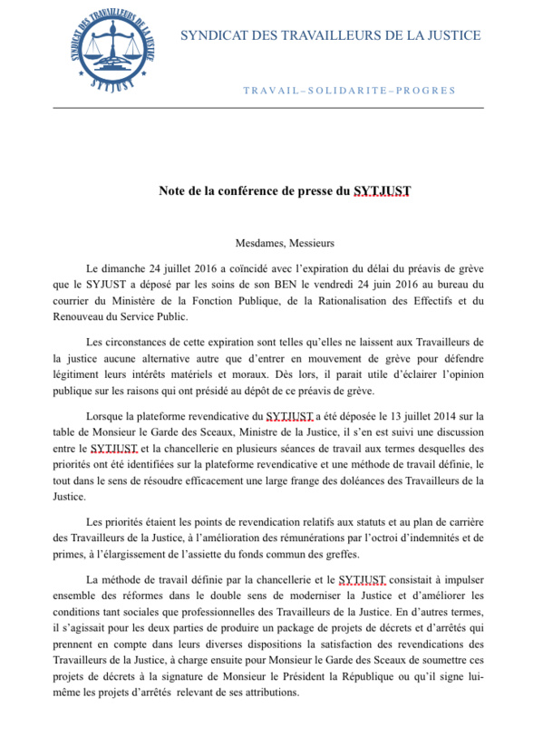 En conférence de presse, le Syndicat des travailleurs de la Justice dénonce l'indifférence de leur ministre de tutelle, Me Sidiki Kaba