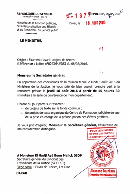 Le Syndicat des Travailleurs de la Justice dément le ministre et le DG de la Fonction Publique...