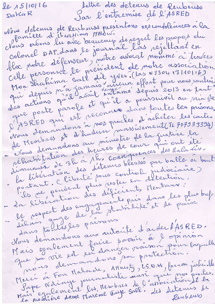 VOICI LA LETTRE ÉCRITE PAR LES DÉTENUS DE REBEUSS POUR RÉCLAMER DE MEILLEURES CONDITIONS D’EXISTENCE