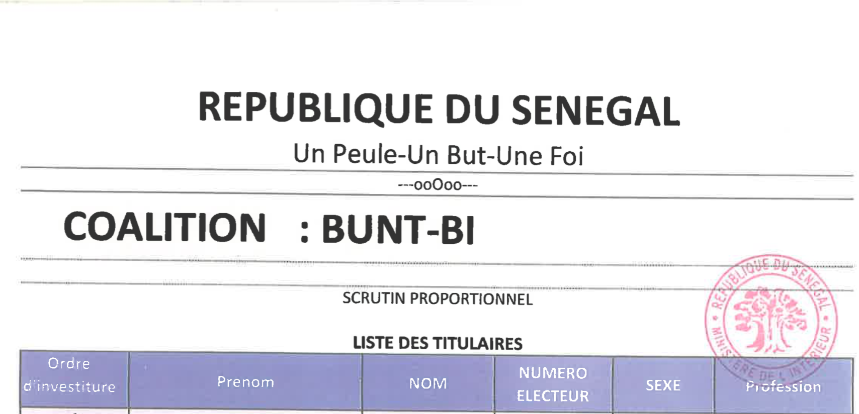 Législatives du 31 Juillet prochain - Les détails de la liste Bunt Bi