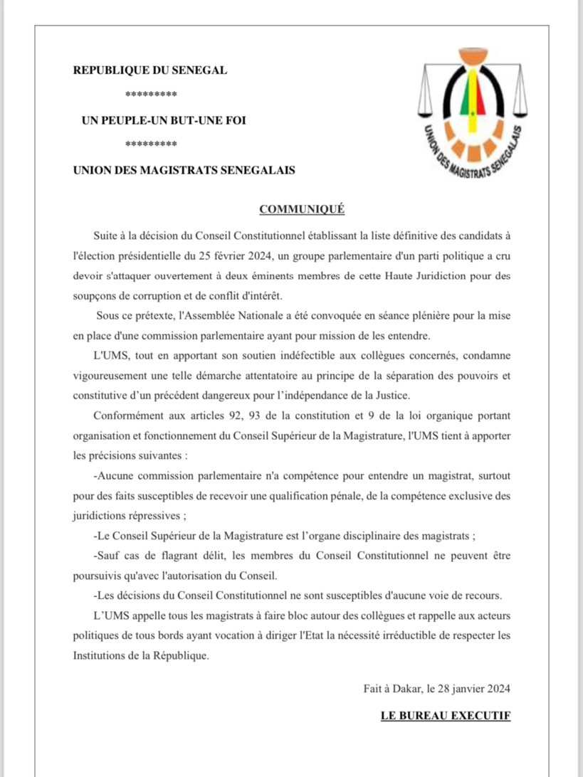 Accusations de corruption contre deux juges du Conseil constitutionnel : l’UMS tape du point sur la table et met en garde le Parlement