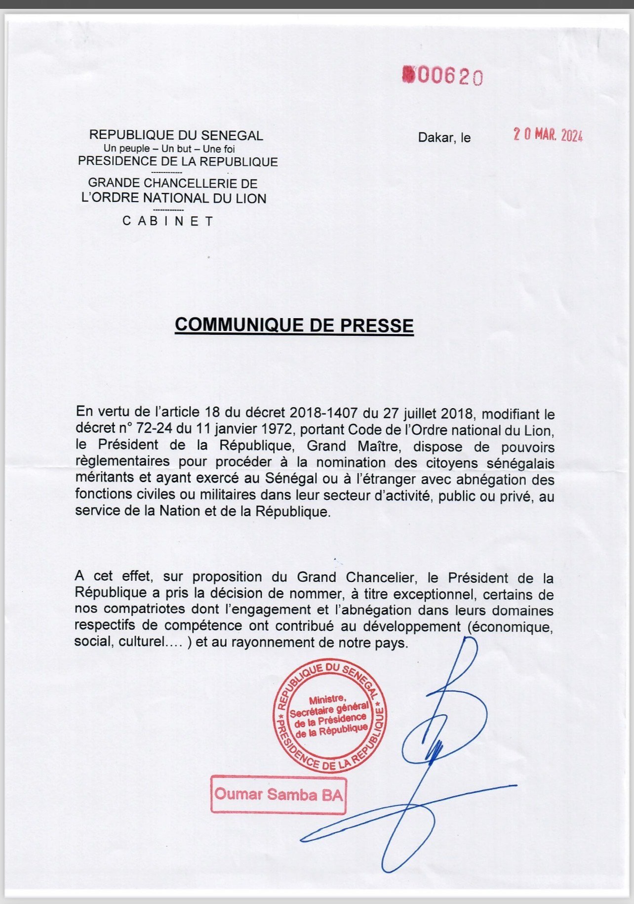 [Document] Macky Sall nomme anciens ministres, artistes, journalistes, religieux, sportifs… au grade de commandeur, officier et chevalier