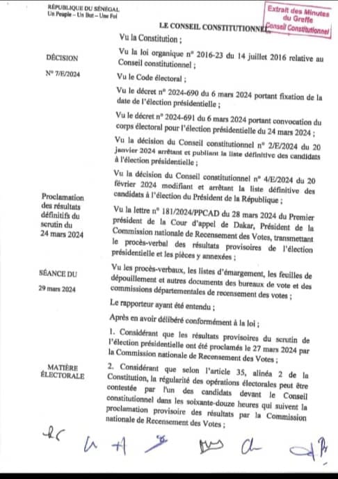 Scrutin du 24 mars 2024: Le conseil constitutionnel confirme Bassirou Diomaye Faye, 5e président de la république du Sénégal