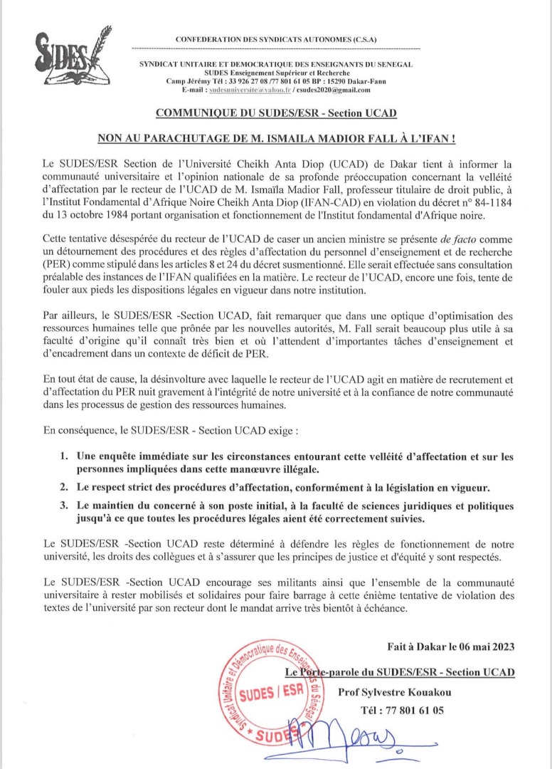 UCAD | LE SUDES CONTRE L’AFFECTATION DU PROFESSEUR ISMAÏLA MADIOR FALL À L’IFAN