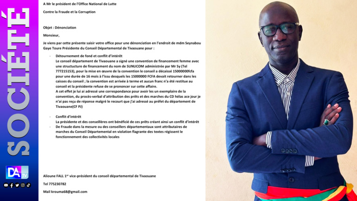 Conseil départemental de Tivaouane / Convention de financement d'un montant de 15 millions de Fcfa : le 1er vice-président Alioune Fall saisit l'Ofnac