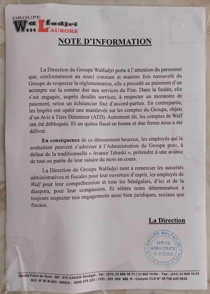 [Document] Dette fiscale : Walf paie un acompte, ses comptes débloqués