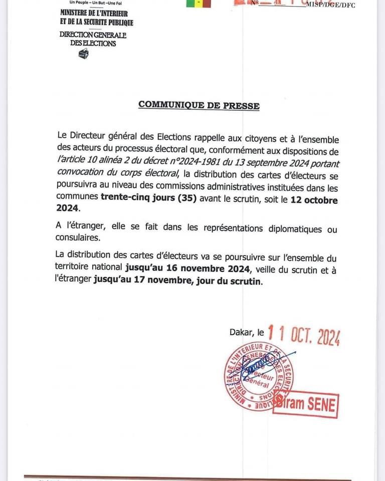 Politique Législatives du 17 novembre : Les Sénégalais ont jusqu'au 16 novembre pour retirer leur carte d'électeur