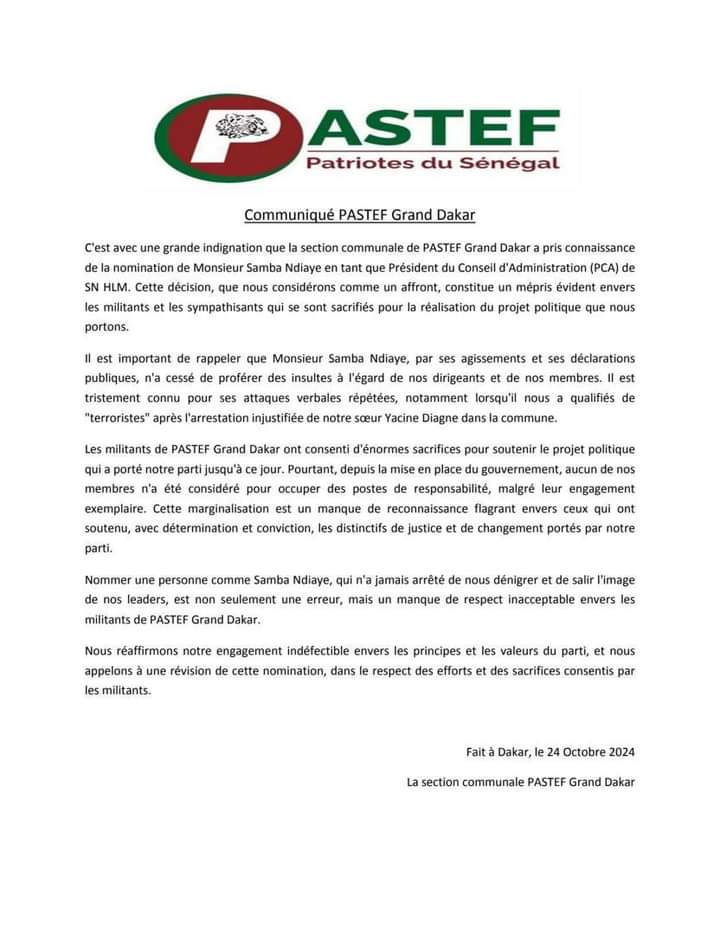 PASTEF-  une vague de protestation suite à la nomination de... Samba Ndiaye !