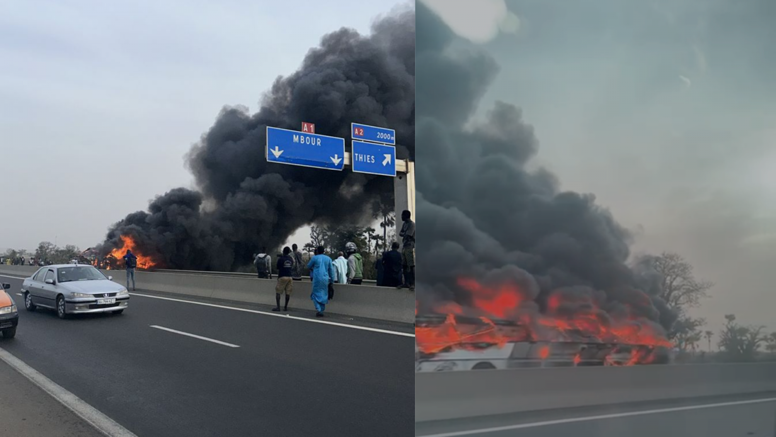 Incendie d’un bus sur l’autoroute à Diamniadio : circulation perturbée