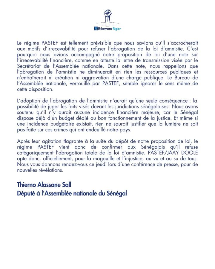 Thierno Alassane Sall : " Pastef vient de confirmer aux Sénégalais qu'il refuse catégoriquement l’abrogation totale de la loi d’amnistie... "