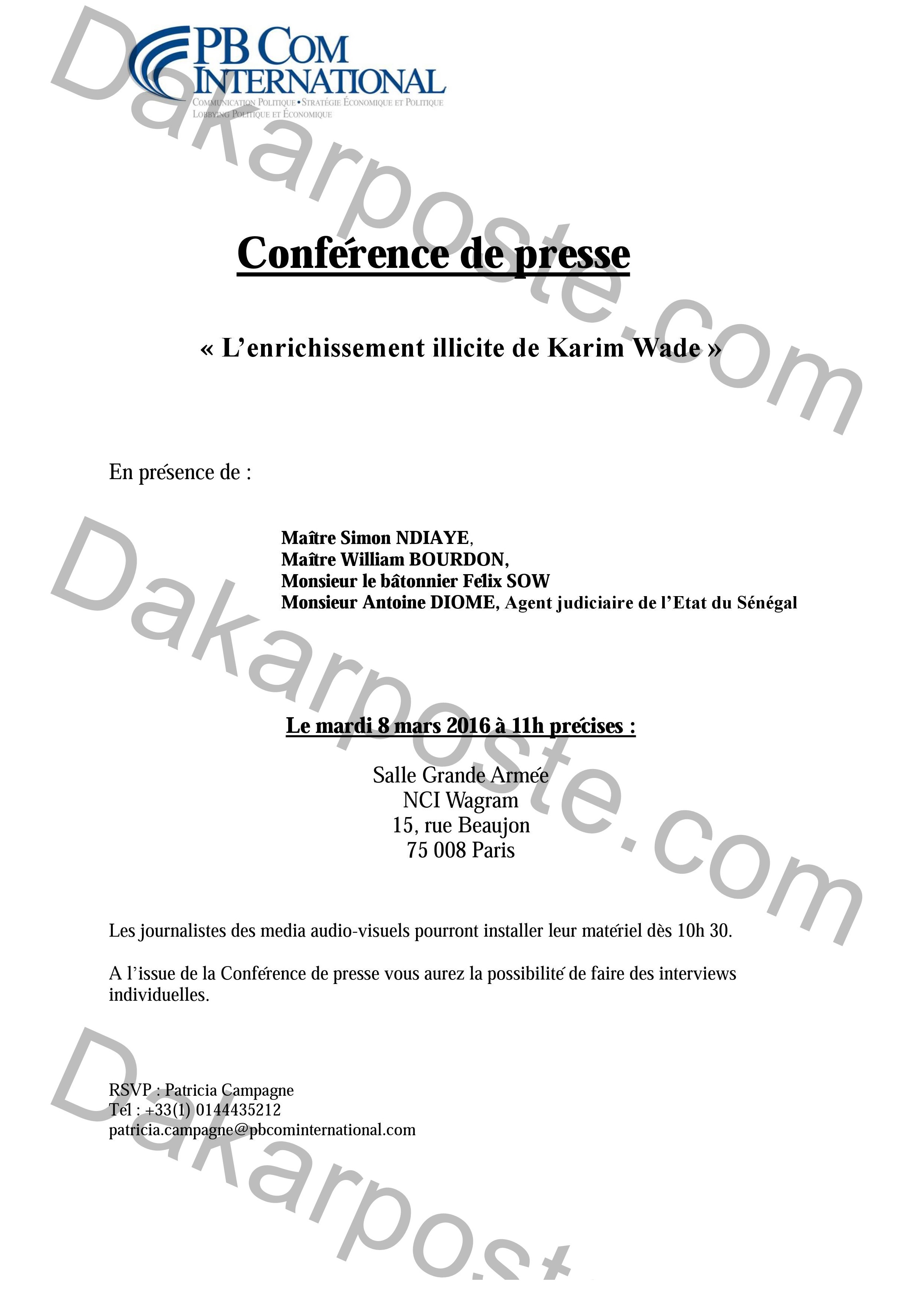 Voici l'invitation  pour la conférence de presse des avocats de l'Etat sur le dossier Karim Wade (EXCLUSIF DAKARPOSTE)